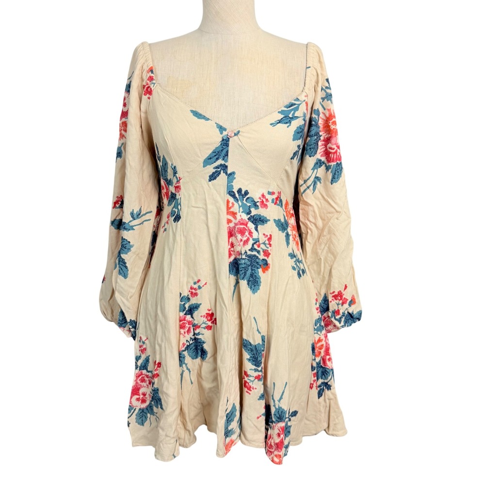 Free People Francesca Floral Puff Sleeve Mini Dress Cream Pink Blue V-Neck‎ XS